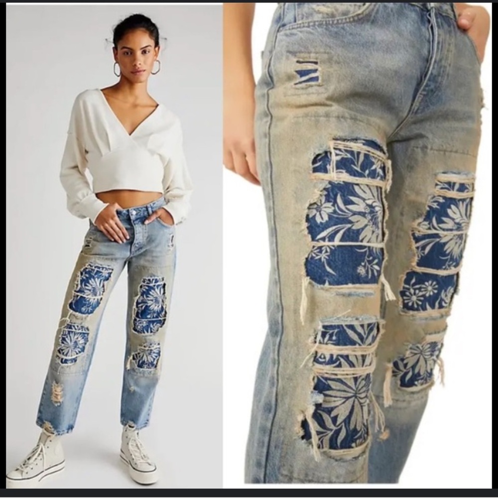 Free People We the Free Desert Rose Ripped Patchwork jeans size 27